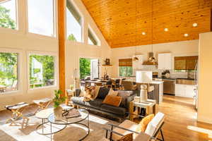 Living area with high vaulted ceiling, light wood finished floors, and wood ceiling