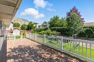 Trex deck, shed, backyard and a mountain view