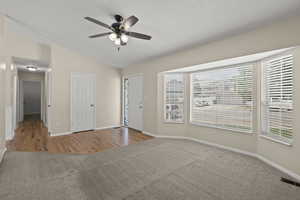 Carpeted entrance foyer with a ceiling fan, lofted ceiling, and wood finished floors