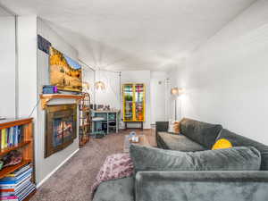 Carpeted living area with a warm lit fireplace