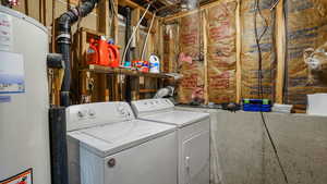 Laundry room featuring water heater and separate washer and dryer