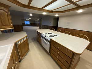 Kitchen with electric stove, a wainscoted wall, light colored carpet, wood walls, and light countertops
