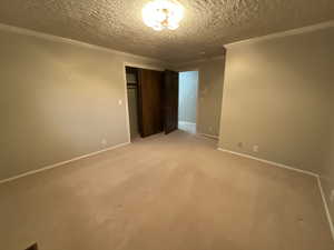 Unfurnished bedroom featuring a closet, a textured ceiling, light colored carpet, and ornamental molding