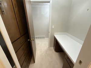 Mudroom featuring light colored carpet and ornamental molding