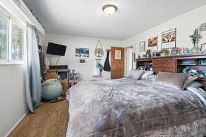 Carpeted bedroom with a textured ceiling