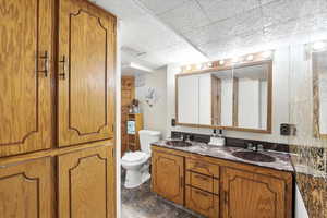 Full bathroom with double vanity and a drop ceiling
