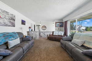 Living room with a textured ceiling and carpet