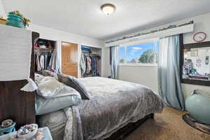 Bedroom with carpet, a textured ceiling, and multiple closets