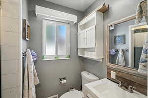 Full bath featuring vanity and a shower with shower curtain