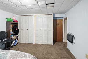 Carpeted bedroom with two closets and heating unit