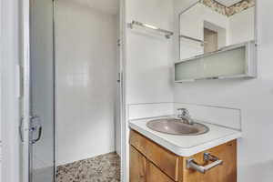 Bathroom with vanity and a shower stall