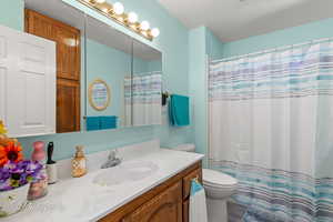 Bathroom featuring vanity and curtained shower