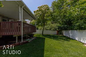 Fenced backyard featuring a wooden deck