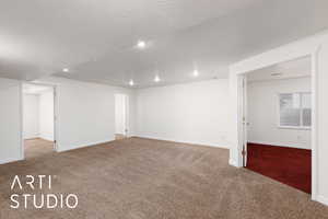 Family room featuring carpet, a textured ceiling, and recessed lighting