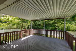 Wooden terrace featuring a fenced backyard