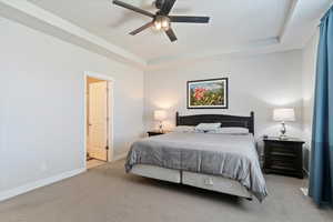Carpeted bedroom with a tray ceiling and a ceiling fan