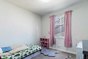 Bedroom featuring carpet floors and baseboards