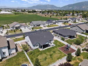 Aerial view of residential area with a mountain backdrop