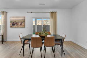 Dining area with light wood finished floors