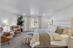 Carpeted bedroom with baseboards and recessed lighting
