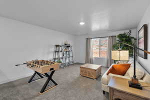Game room with carpet flooring