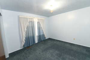 Spare room with dark carpet and a textured ceiling