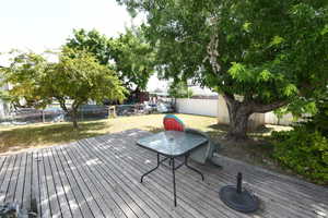 Wooden terrace featuring a playground and a fenced backyard