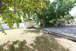 Fenced backyard with a wooden deck and a shed