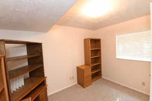 Unfurnished office with a textured ceiling and light carpet