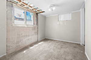 Below grade area with carpet flooring and ornamental molding