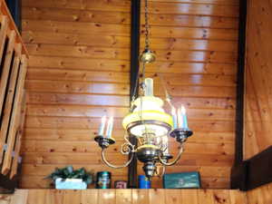 Detailed view of wooden walls and a chandelier