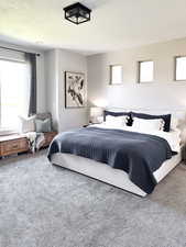 Bedroom featuring carpet flooring, multiple windows, and a textured ceiling