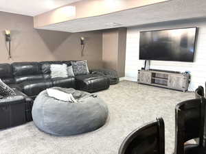 Carpeted living room with a textured ceiling and wooden walls