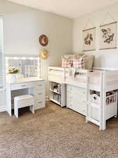 Full bathroom with vanity, tile patterned flooring, and a shower with curtain