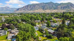 Aerial perspective of suburban area with mountains