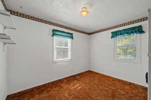 Carpeted spare room featuring healthy amount of natural light