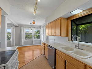 Kitchen featuring dishwasher, electric range, light countertops, pendant lighting, and rail lighting