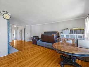 Living room featuring wood finished floors, crown molding, and a textured ceiling