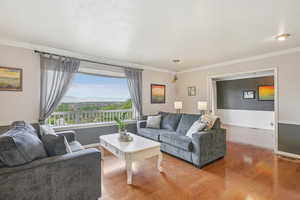 Living area featuring wood finished floors and ornamental molding