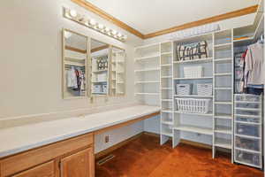 Spacious closet with dark colored carpet and built in desk