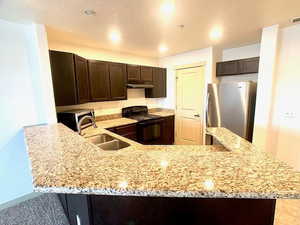 Kitchen featuring appliances with stainless steel finishes, dark brown cabinetry, under cabinet range hood, light stone counters, and recessed lighting