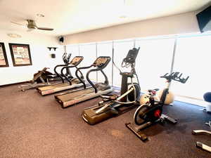 Workout area with a ceiling fan