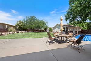 Fenced backyard featuring a patio and outdoor dining space