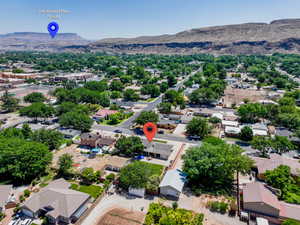 Aerial view of residential area with mountains