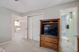 Bedroom featuring light colored carpet, a closet, and ensuite bath