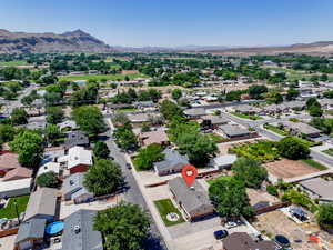 Aerial perspective of suburban area featuring mountains