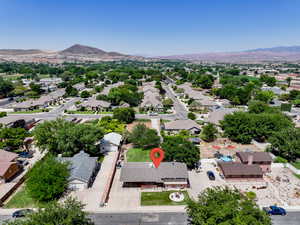 Aerial view of residential area with mountains