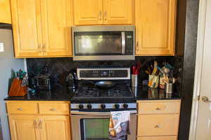 Kitchen with appliances with stainless steel finishes, tasteful backsplash, and dark stone countertops