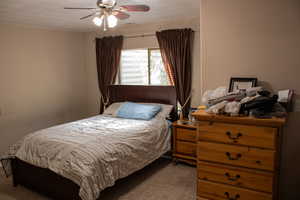 Bedroom featuring carpet and ceiling fan