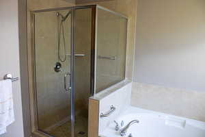 Full bathroom featuring a shower stall and a tub with jets